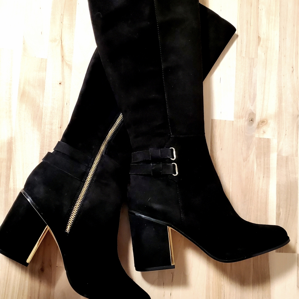 NWT Calvin Klein Black Heeled Boots with Gold Accents